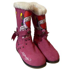 Ed Hardy “Love Kills Slowly” Pink Suede Shearling Boots Size 40